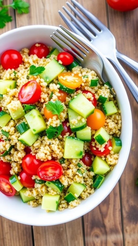 A colorful quinoa salad with hearts of palm, cherry tomatoes, cucumber, and herbs in a white bowl on a wooden table.